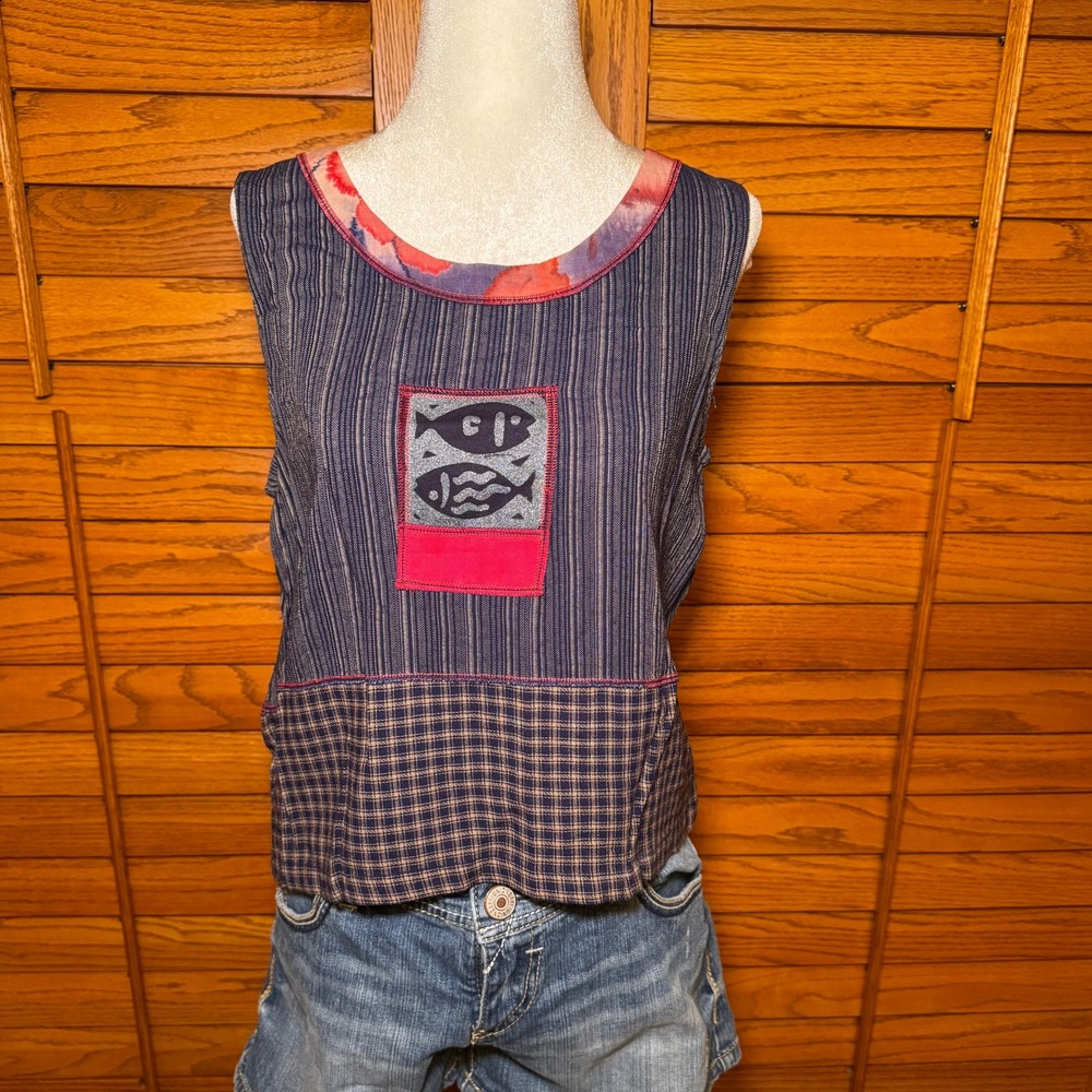 Faith Women Blue Striped Plaid Fish Patch Rayon Sleeveless Artisan Tank Top M